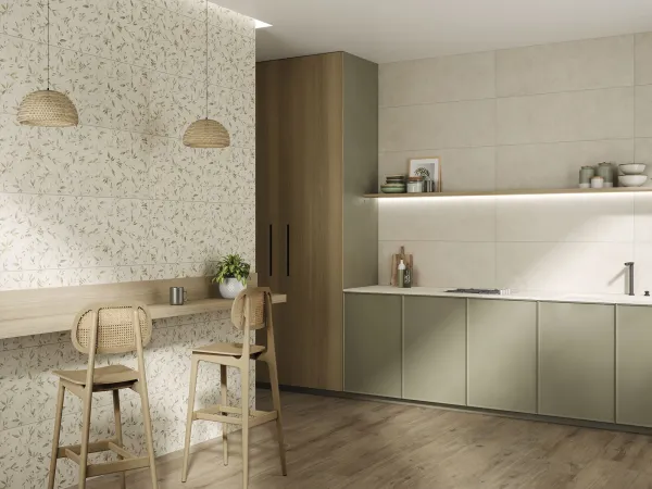 Cocina con azulejos efecto piedra en tonos cálidos, colección Boston de Durstone