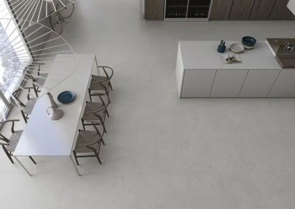 Cocina con azulejos efecto piedra en tonos neutros, colección Cronos de Cifre