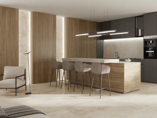 Cocina con azulejos efecto piedra en tonos cálidos, colección Denver de Durstone