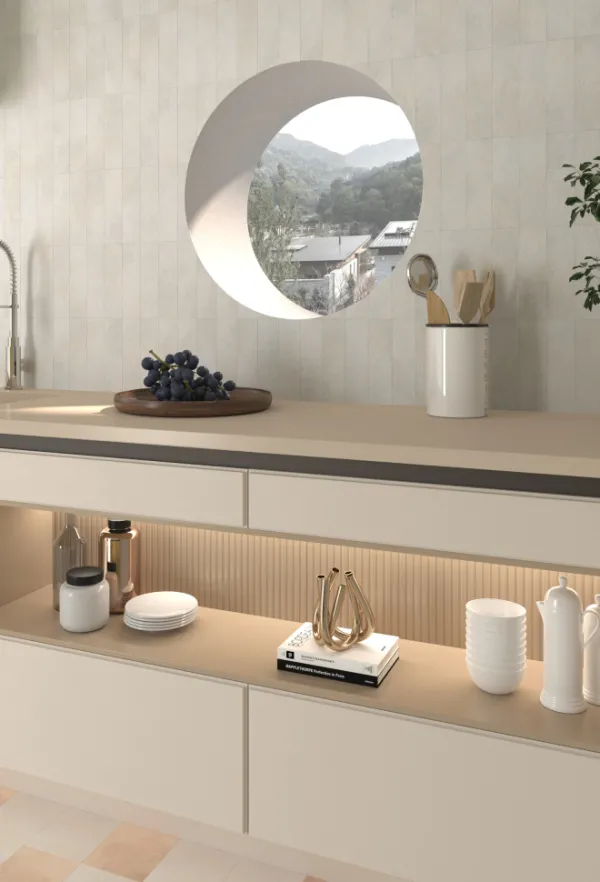 Cocina con azulejos efecto piedra en tonos cálidos, colección Greenland de Dune