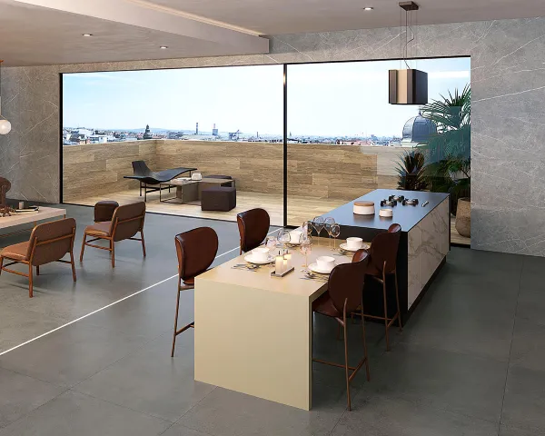 Cocina con azulejos efecto piedra, colección Integra de TAU ceràmica