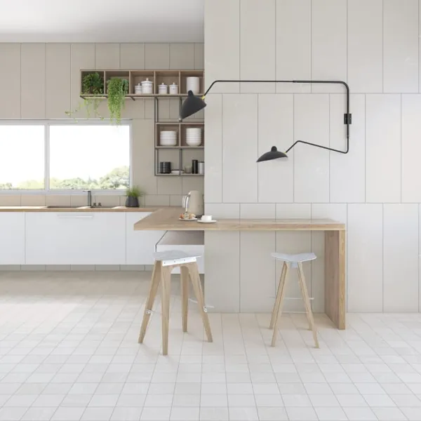 Cocina con azulejos efecto piedra en tonos neutros, colección Oise de Vives