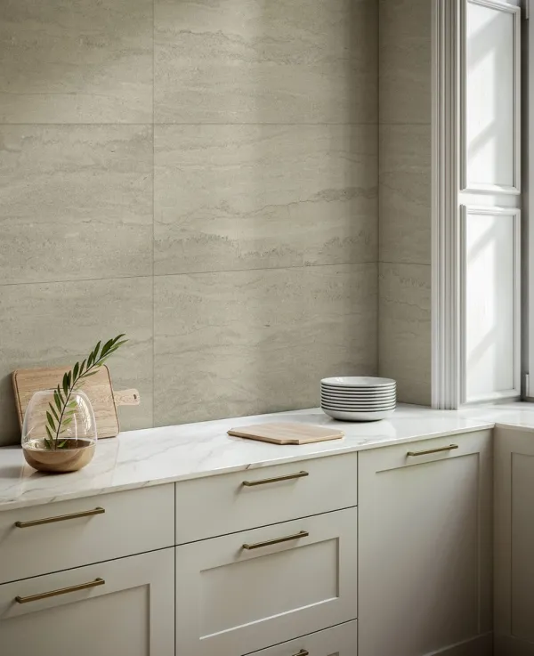 Cocina con azulejos efecto piedra en tonos neutros, colección Tivoli de Aparici