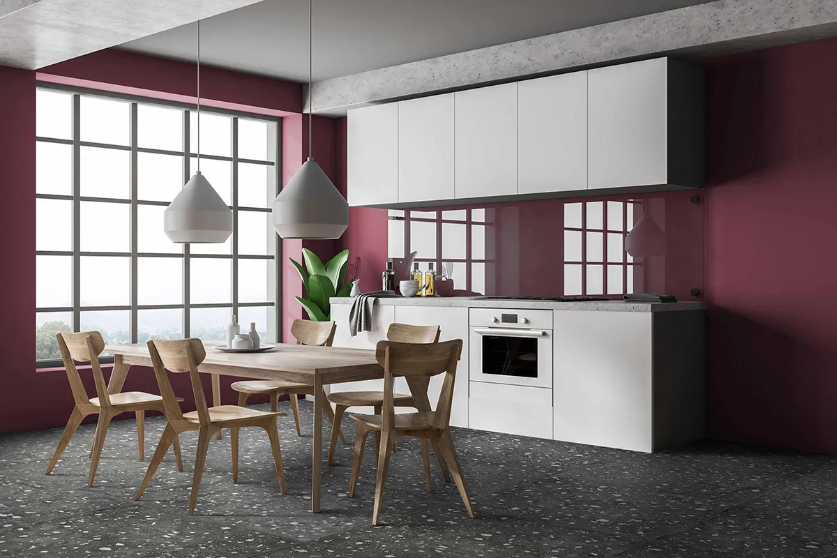 Cocina con azulejos efecto terrazo en tonos neutros, colección Petri de Land