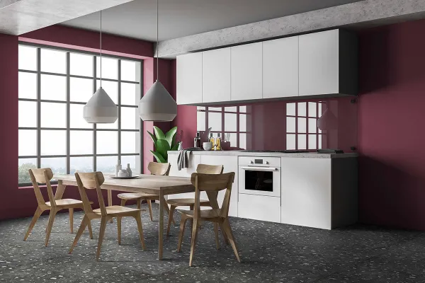 Cocina con azulejos efecto terrazo en tonos neutros, colección Petri de Land