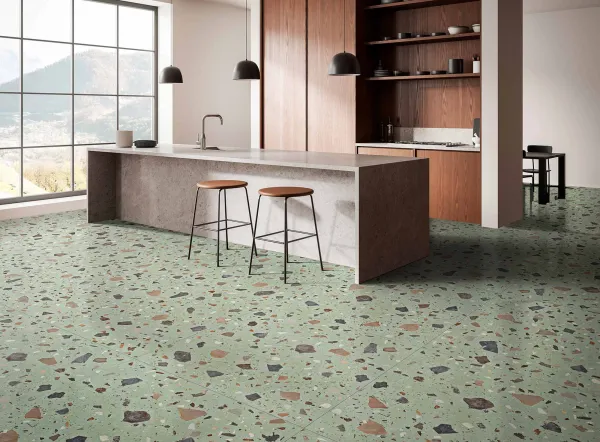 Cocina con azulejos efecto terrazo, colección Terrazo de Mayolica