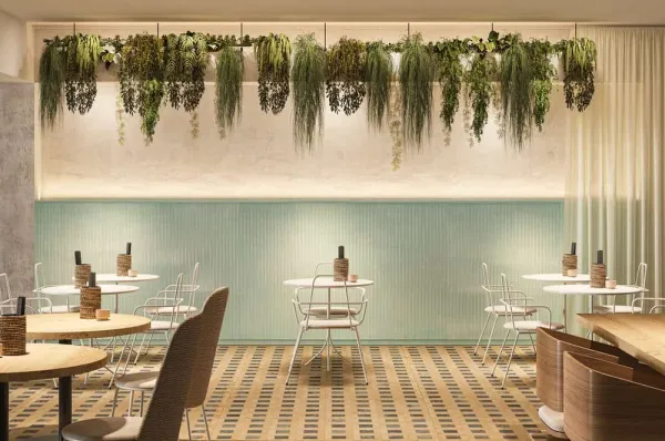 Comercio con azulejos efecto barro en tonos cálidos, colección Zest de Aparici