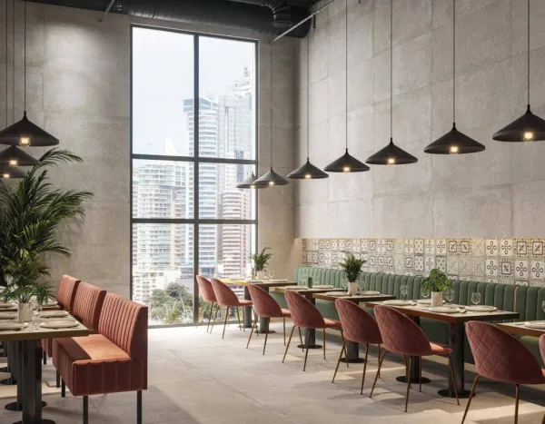 Comercio con azulejos efecto cemento, colección Boulevard de Ibero Casa Infinita