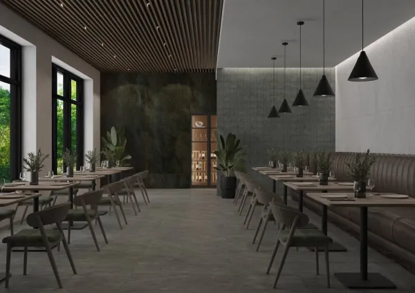 Comercio con azulejos efecto cemento en tonos neutros, colección Caribbean de TAU ceràmica