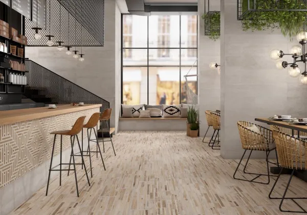 Comercio con azulejos efecto cemento en tonos cálidos, colección Ragnar de Colorker