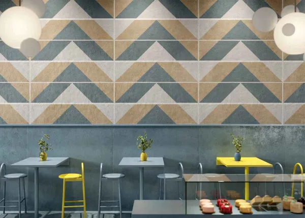 Comercio con azulejos efecto cemento en tonos fríos, colección San francisco de Metropol