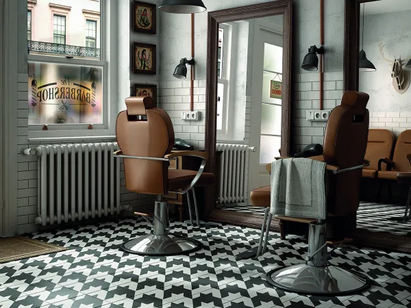 Comercio con azulejos efecto hidráulico en tonos neutros, colección Caprice de Equipe