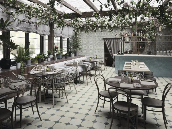 Comercio con azulejos efecto hidráulico en tonos neutros, colección Fs yard de Peronda