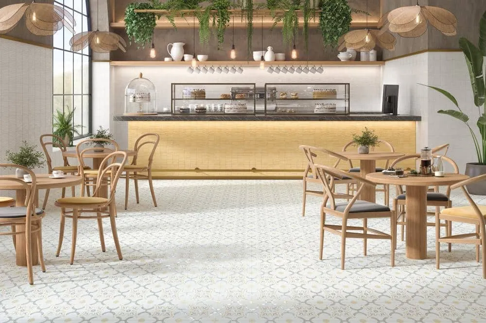 Comercio con azulejos efecto hidráulico, colección Llevant de Harmony
