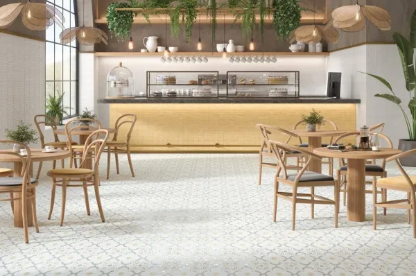 Comercio con azulejos efecto hidráulico, colección Llevant de Harmony