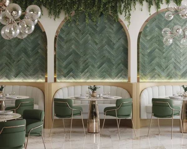 Comercio con azulejos efecto monocolor en tonos fríos, colección Agadir de Dune