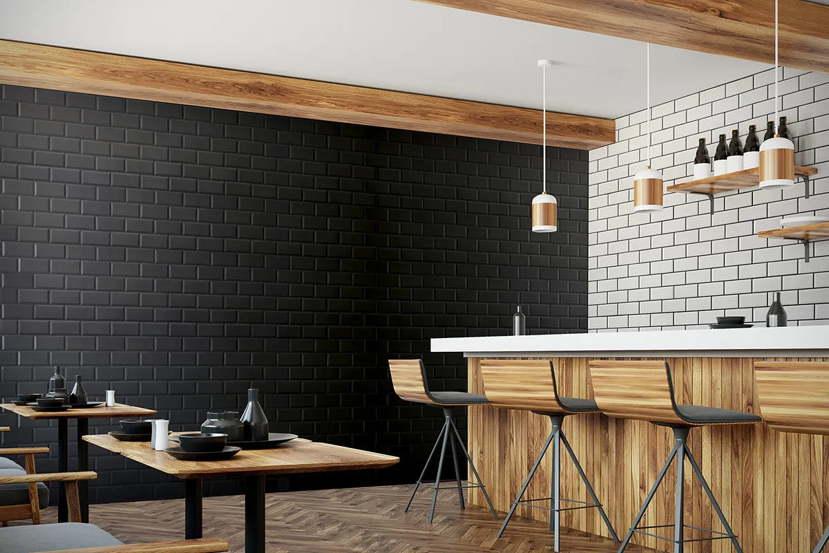Comercio con azulejos efecto monocolor, colección Bevelled de Fabresa