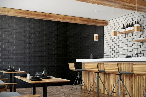 Comercio con azulejos efecto monocolor, colección Bevelled de Fabresa