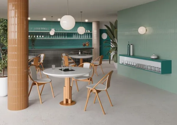 Comercio con azulejos efecto monocolor, colección Elipse de Harmony