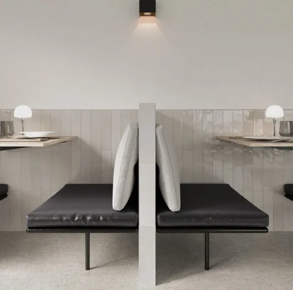Comercio con azulejos efecto monocolor en tonos neutros, colección Flash de DNA Tiles