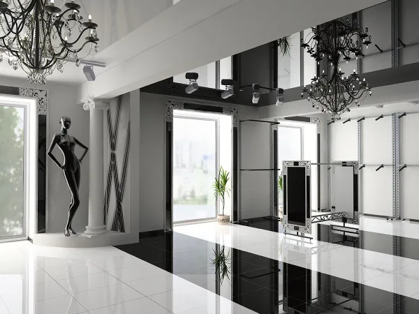 Comercio con azulejos efecto monocolor en tonos neutros, colección Super de Durstone