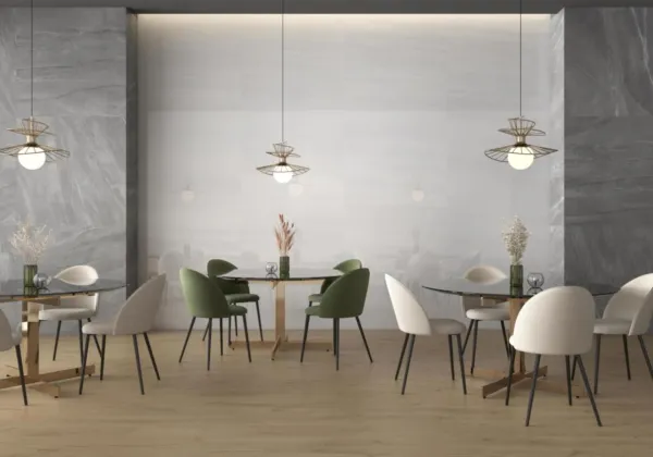 Comercio con azulejos efecto piedra en tonos neutros, colección Lavica de Geotiles