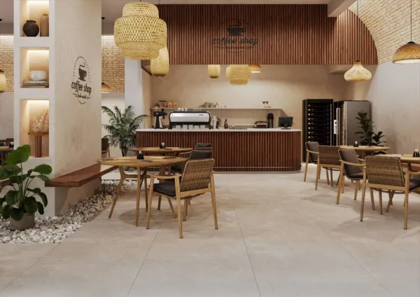 Comercio con azulejos efecto piedra en tonos cálidos, colección Salem de Mayor