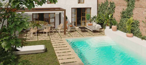 Exterior con azulejos efecto barro en tonos cálidos, colección Cotto de Aparici