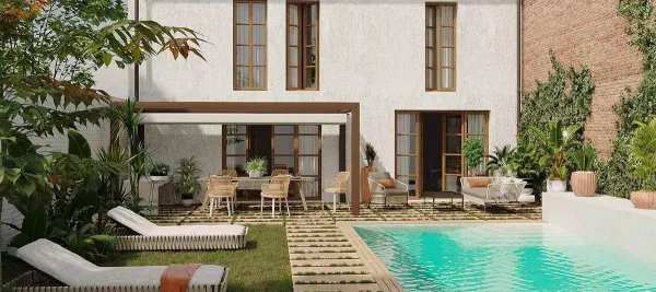 Exterior con azulejos efecto barro en tonos cálidos, colección Cotto de Aparici