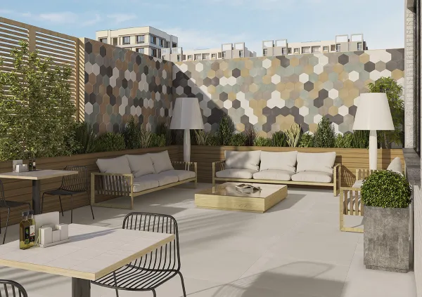 Exterior con azulejos efecto cemento, colección Berlin de Dune