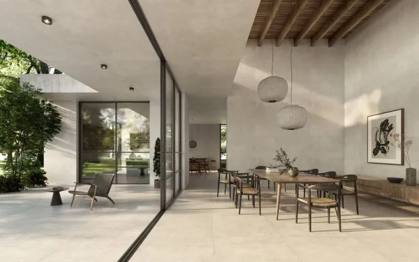 Exterior con azulejos efecto cemento en tonos cálidos, colección Charme de Peronda