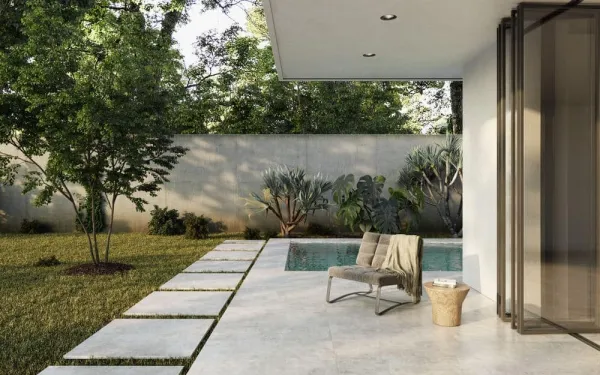 Exterior con azulejos efecto cemento en tonos neutros, colección Charme de Peronda