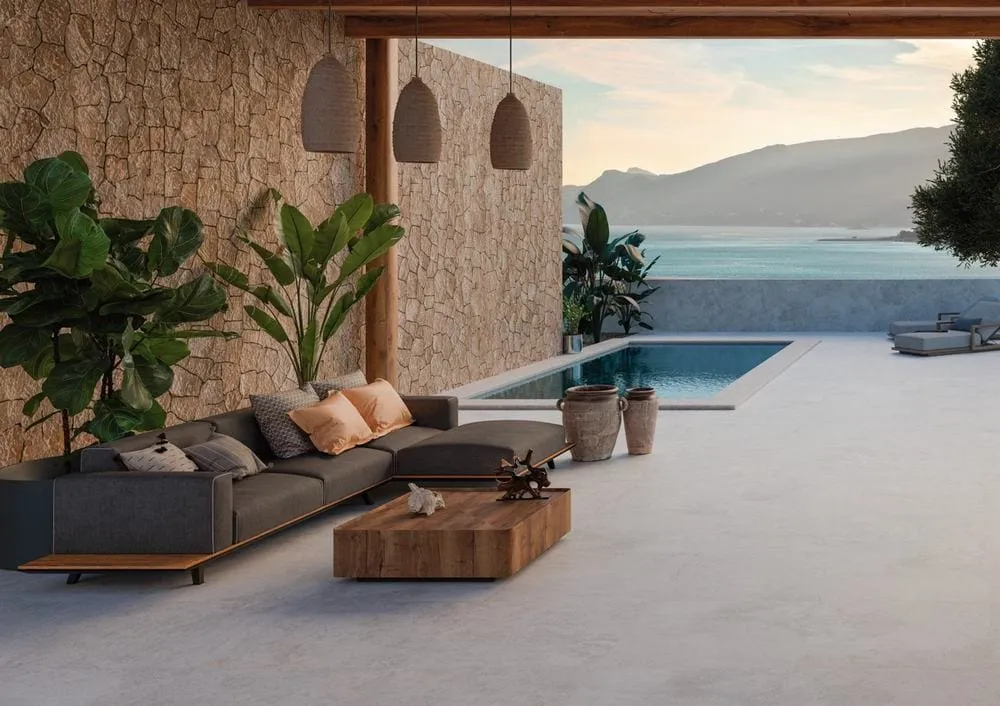 Exterior con azulejos efecto cemento, colección Ethereal de Ibero Casa Infinita