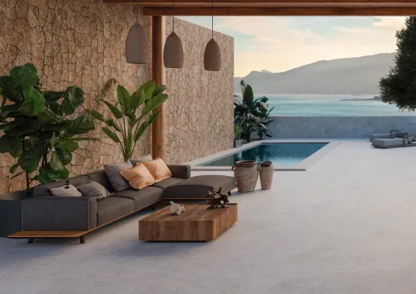 Exterior con azulejos efecto cemento, colección Ethereal de Ibero Casa Infinita