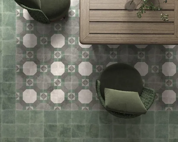 Exterior con azulejos efecto cemento, colección Milano de Dune