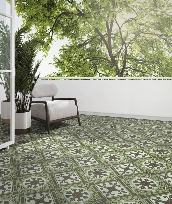 Exterior con azulejos efecto hidráulico en tonos fríos, colección Altea de Mayolica