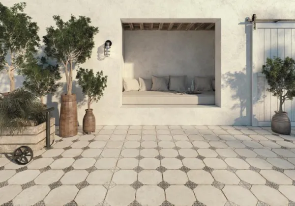 Exterior con azulejos efecto hidráulico, colección Fs field de Peronda