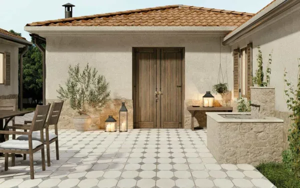 Exterior con azulejos efecto hidráulico, colección Fs field de Peronda