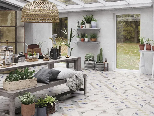 Exterior con azulejos efecto hidráulico en tonos neutros, colección Fs marais de Peronda