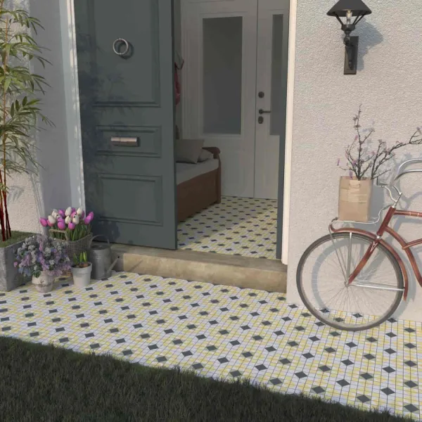 Exterior con azulejos efecto hidráulico en tonos neutros, colección Mintons de Dune