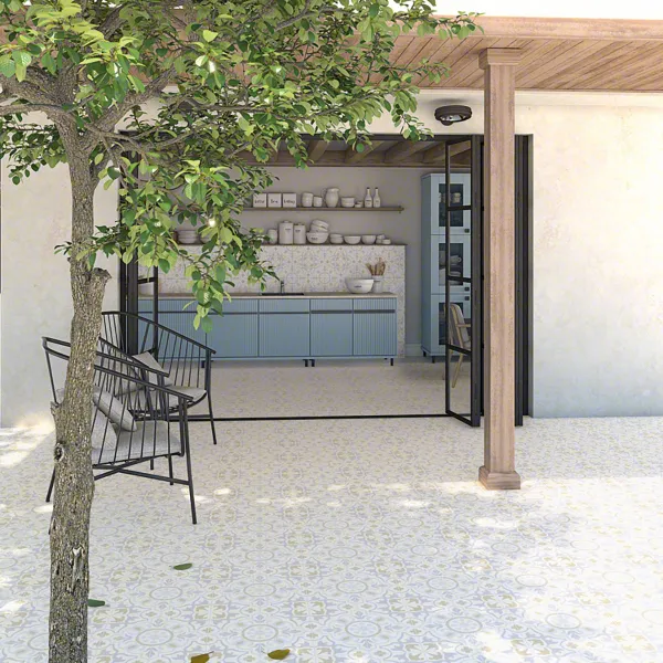 Exterior con azulejos efecto hidráulico, colección Svenska de Vives