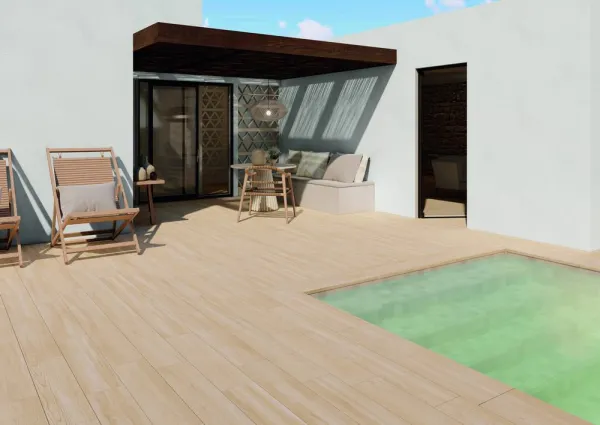 Exterior con azulejos efecto madera, colección Botanica de Natucer