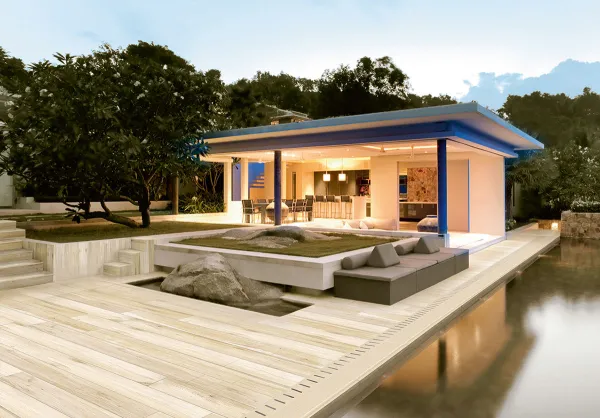 Exterior con azulejos efecto madera, colección Samba de Venatto