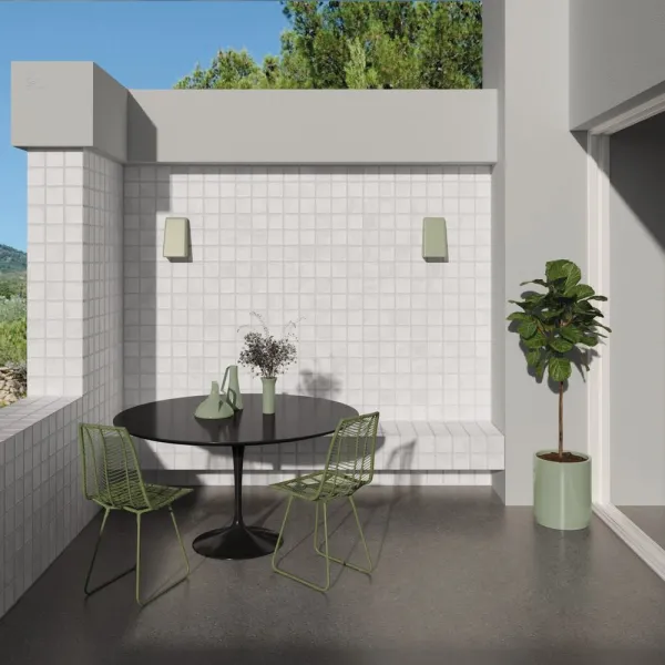 Exterior con azulejos efecto monocolor en tonos neutros, colección Argile de Equipe