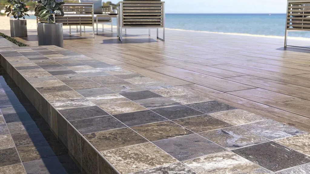 Exterior con azulejos efecto monocolor, colección Bali de Equipe