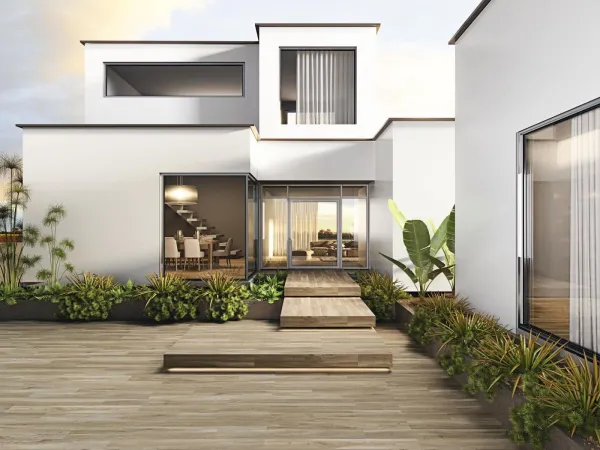 Exterior con azulejos efecto monocolor, colección Blanco de Baldocer