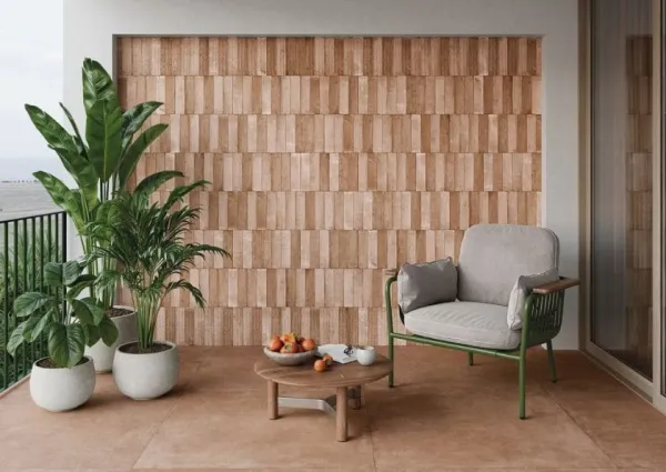 Exterior con azulejos efecto monocolor en tonos cálidos, colección Lagoon de Harmony