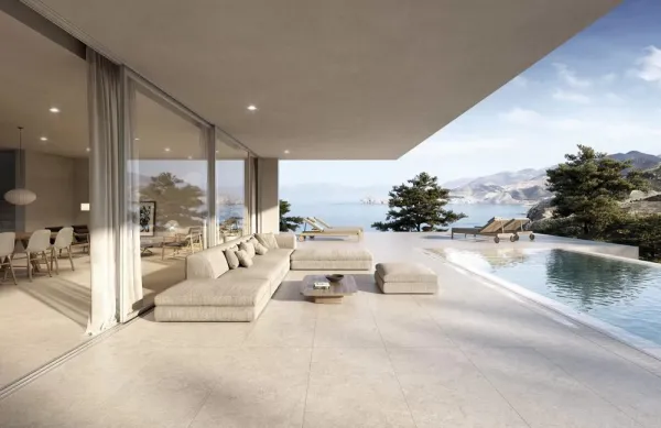 Exterior con azulejos efecto piedra, colección Bedford de Exagres