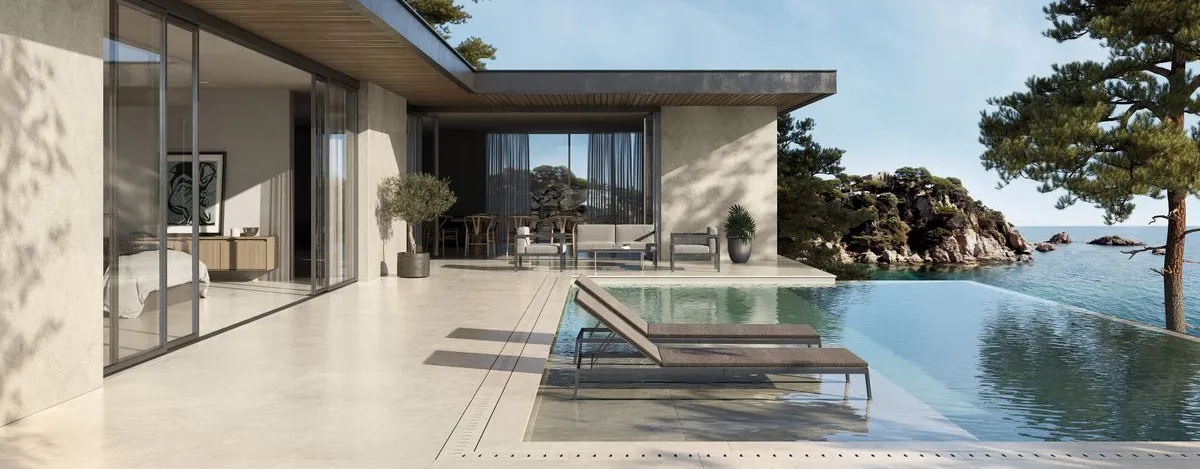Exterior con azulejos efecto piedra, colección Lemans de Peronda