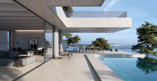 Exterior con azulejos efecto piedra, colección Provenza de Durstone